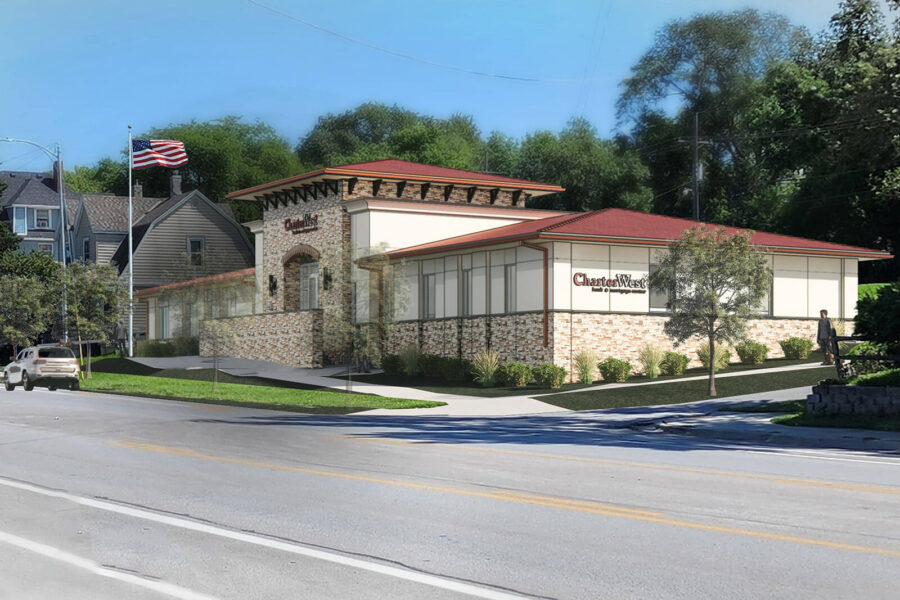Charter West Bank rendering exterior by Darland Construction